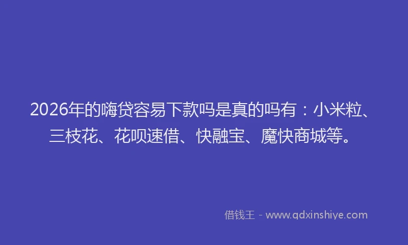 2026年的嗨贷容易下款吗是真的吗有：小米粒、三枝花、花呗速借、快融宝、魔快商城等。