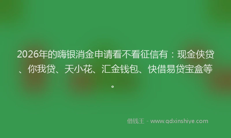 2026年的嗨银消金申请看不看征信有：现金侠贷、你我贷、天小花、汇金钱包、快借易贷宝盒等。