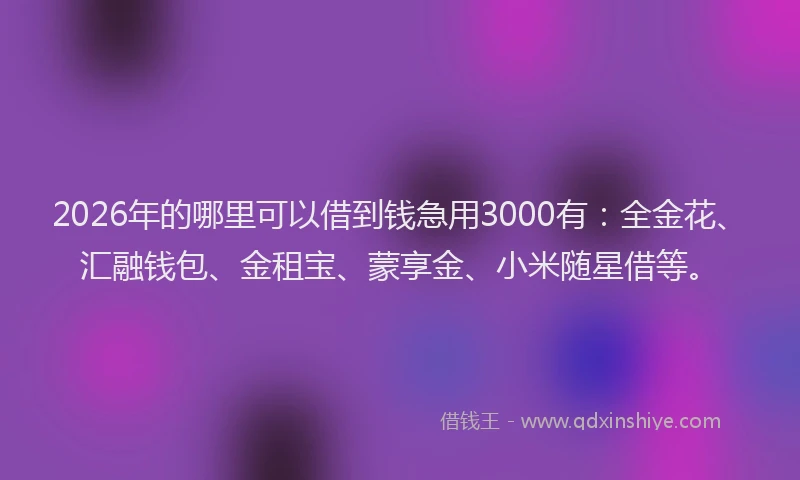 2026年的哪里可以借到钱急用3000有：全金花、汇融钱包、金租宝、蒙享金、小米随星借等。