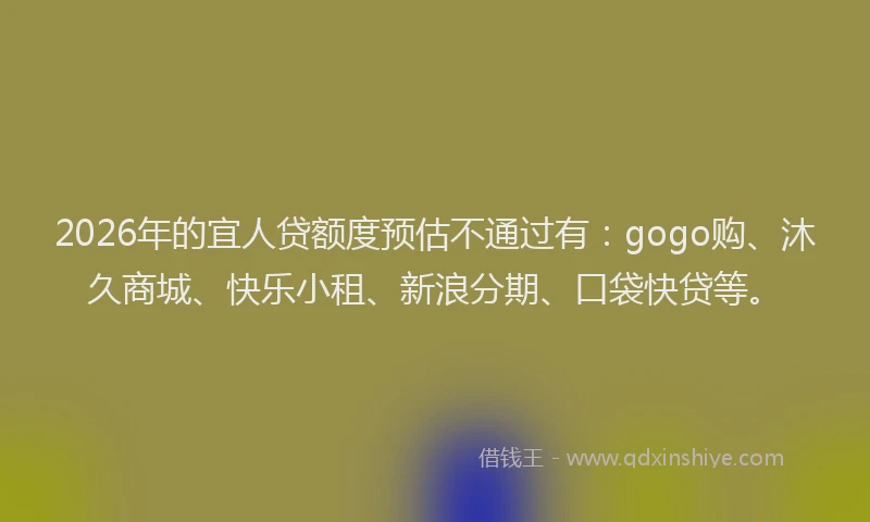 2026年的宜人贷额度预估不通过有：gogo购、沐久商城、快乐小租、新浪分期、口袋快贷等。