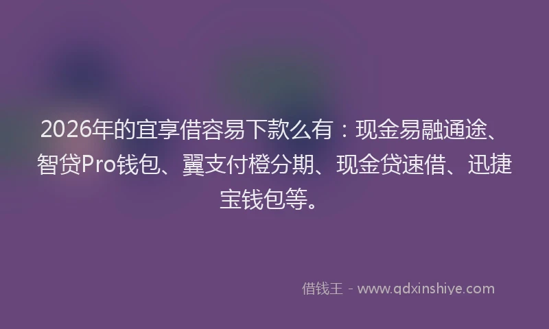 2026年的宜享借容易下款么有：现金易融通途、智贷Pro钱包、翼支付橙分期、现金贷速借、迅捷宝钱包等。