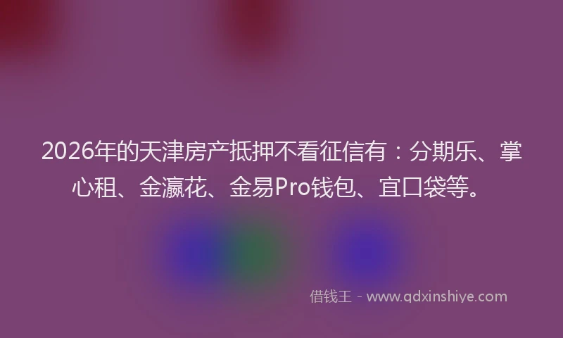 2026年的天津房产抵押不看征信有：分期乐、掌心租、金瀛花、金易Pro钱包、宜口袋等。