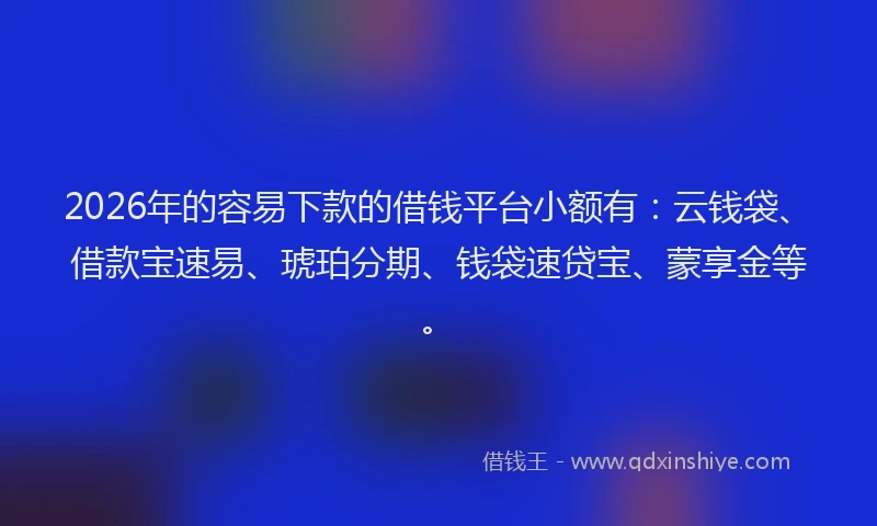 2026年的容易下款的借钱平台小额有：云钱袋、借款宝速易、琥珀分期、钱袋速贷宝、蒙享金等。