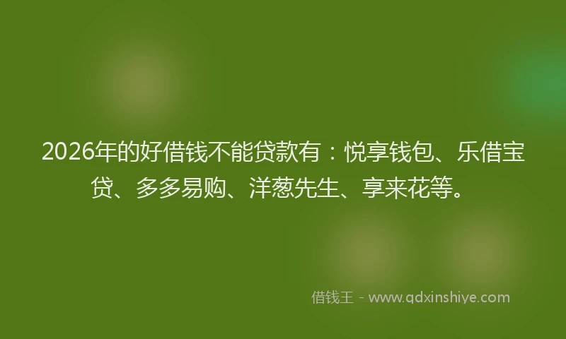 2026年的好借钱不能贷款有：悦享钱包、乐借宝贷、多多易购、洋葱先生、享来花等。