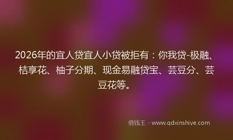 2026年的宜人贷宜人小贷被拒有：你我贷-极融、桔享花、柚子分期、现金易融贷宝、芸豆分、芸豆花等。