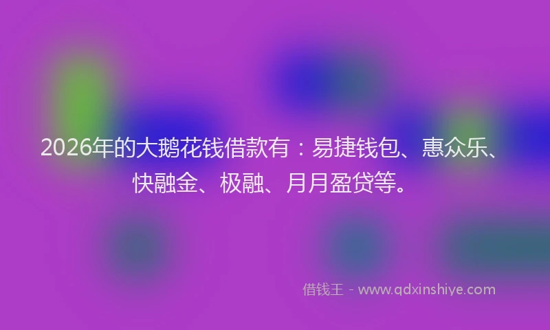 2026年的大鹅花钱借款有：易捷钱包、惠众乐、快融金、极融、月月盈贷等。