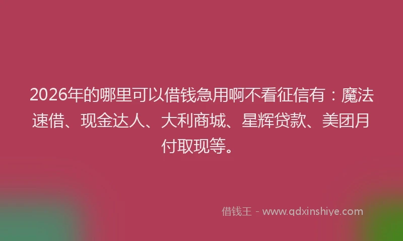 2026年的哪里可以借钱急用啊不看征信有：魔法速借、现金达人、大利商城、星辉贷款、美团月付取现等。