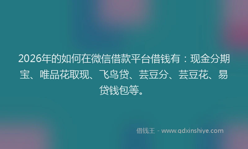 2026年的如何在微信借款平台借钱有：现金分期宝、唯品花取现、飞鸟贷、芸豆分、芸豆花、易贷钱包等。