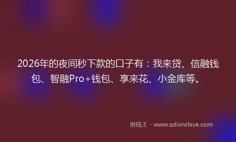 2026年的夜间秒下款的口子有：我来贷、信融钱包、智融Pro+钱包、享来花、小金库等。