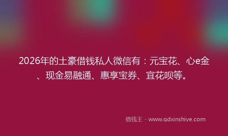 2026年的土豪借钱私人微信有：元宝花、心e金、现金易融通、惠享宝券、宜花呗等。