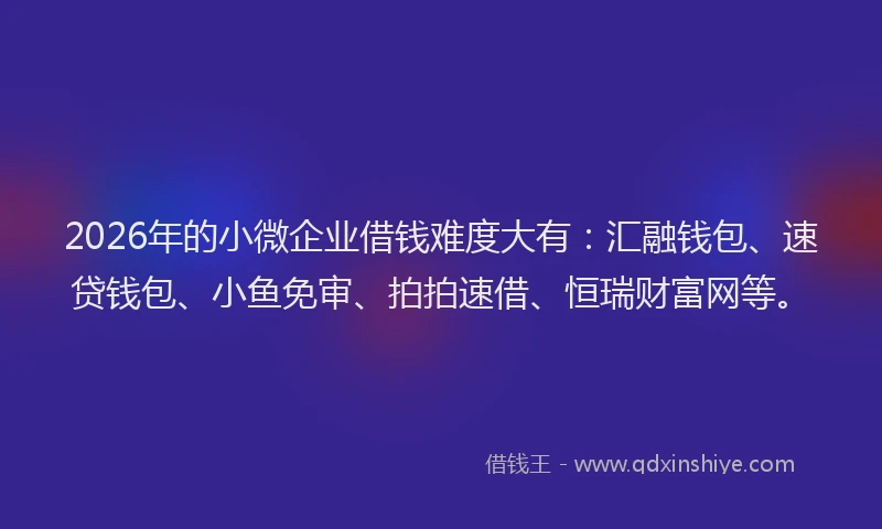 2026年的小微企业借钱难度大有：汇融钱包、速贷钱包、小鱼免审、拍拍速借、恒瑞财富网等。