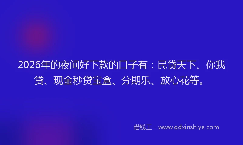 2026年的夜间好下款的口子有：民贷天下、你我贷、现金秒贷宝盒、分期乐、放心花等。