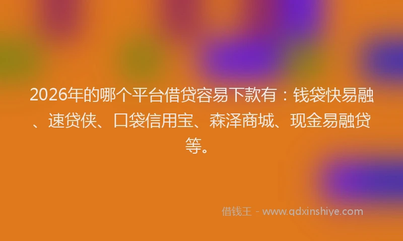 2026年的哪个平台借贷容易下款有：钱袋快易融、速贷侠、口袋信用宝、森泽商城、现金易融贷等。