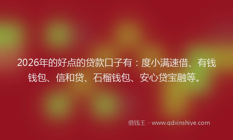 2026年的好点的贷款口子有：度小满速借、有钱钱包、信和贷、石榴钱包、安心贷宝融等。