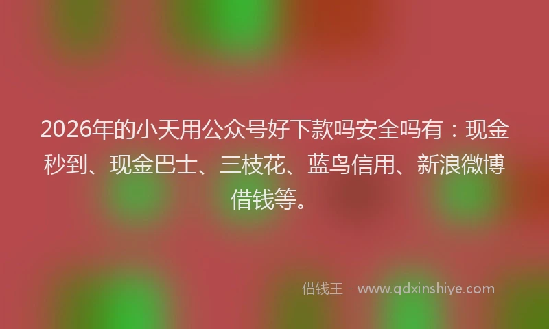 2026年的小天用公众号好下款吗安全吗有：现金秒到、现金巴士、三枝花、蓝鸟信用、新浪微博借钱等。