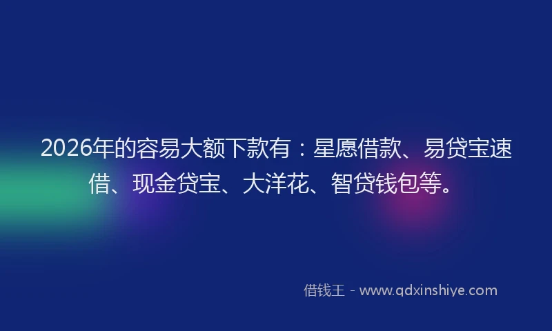 2026年的容易大额下款有：星愿借款、易贷宝速借、现金贷宝、大洋花、智贷钱包等。