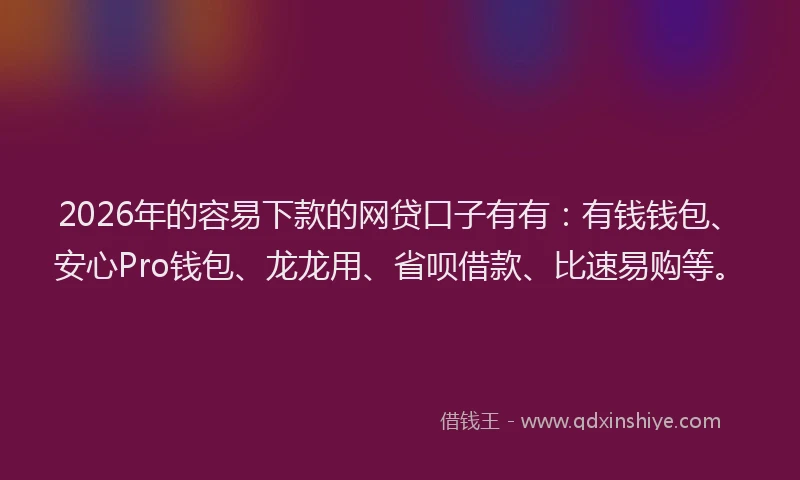 2026年的容易下款的网贷口子有有：有钱钱包、安心Pro钱包、龙龙用、省呗借款、比速易购等。