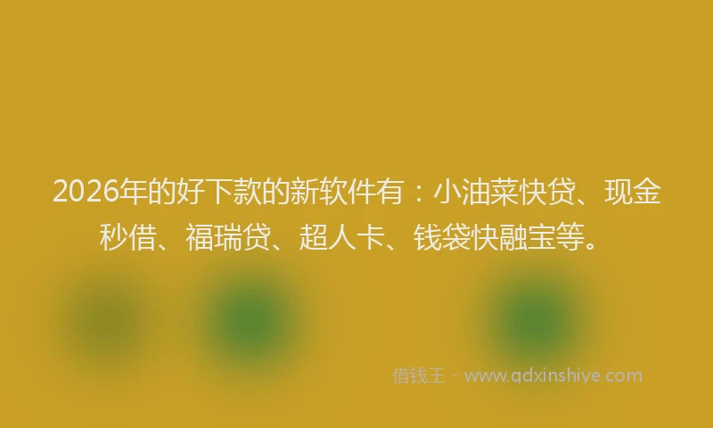 2026年的好下款的新软件有：小油菜快贷、现金秒借、福瑞贷、超人卡、钱袋快融宝等。