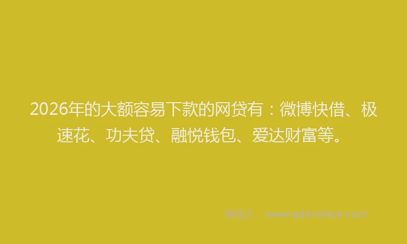 2026年的大额容易下款的网贷有：微博快借、极速花、功夫贷、融悦钱包、爱达财富等。
