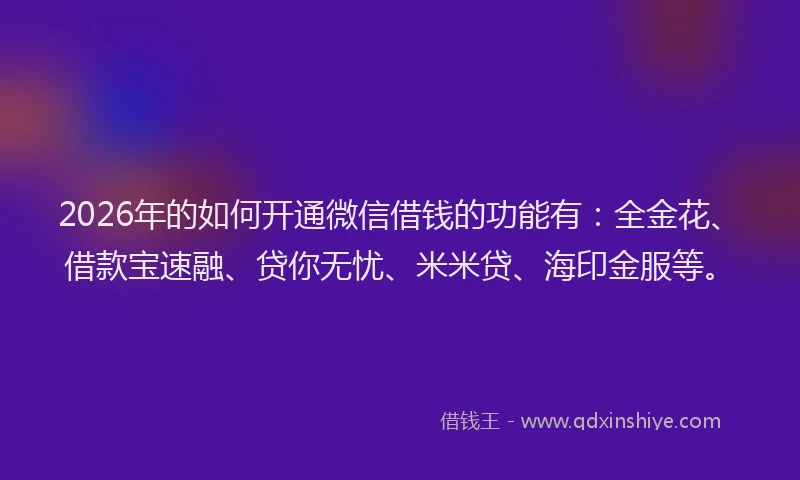 2026年的如何开通微信借钱的功能有:全金花、借款宝速融、贷你无忧、米米贷、海印金服等。