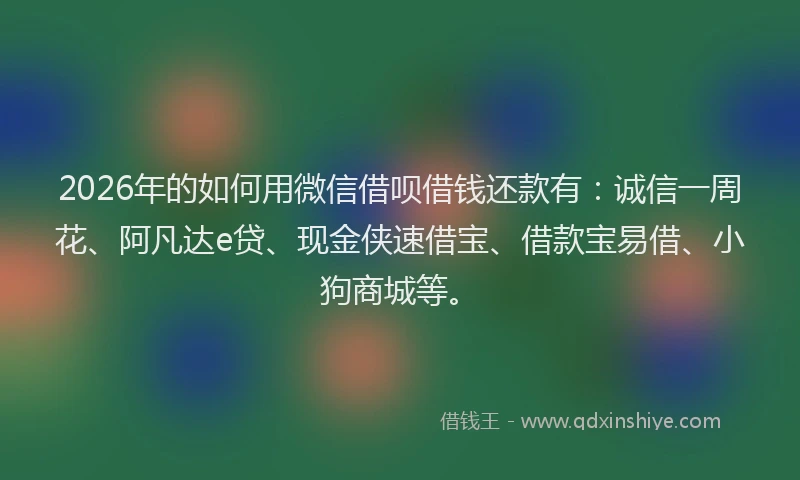 2026年的如何用微信借呗借钱还款有：诚信一周花、阿凡达e贷、现金侠速借宝、借款宝易借、小狗商城等。