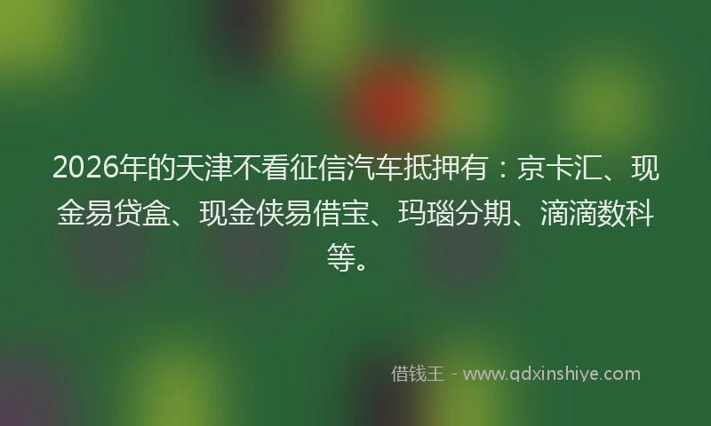2026年的天津不看征信汽车抵押有：京卡汇、现金易贷盒、现金侠易借宝、玛瑙分期、滴滴数科等。