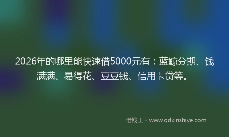 2026年的哪里能快速借5000元有：蓝鲸分期、钱满满、易得花、豆豆钱、信用卡贷等。