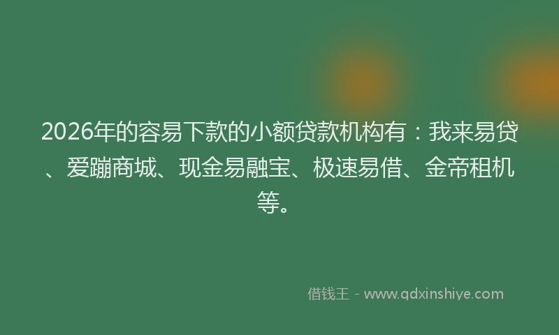 2026年的容易下款的小额贷款机构有：我来易贷、爱蹦商城、现金易融宝、极速易借、金帝租机等。