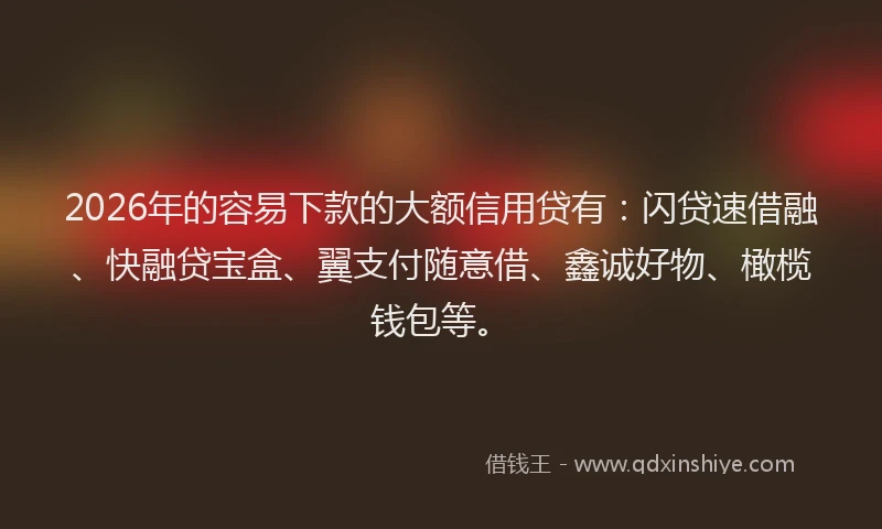 2026年的容易下款的大额信用贷有：闪贷速借融、快融贷宝盒、翼支付随意借、鑫诚好物、橄榄钱包等。