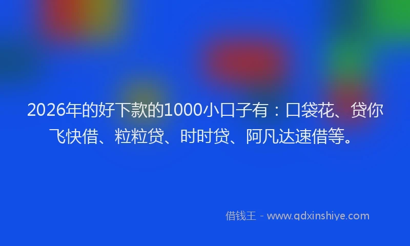 2026年的好下款的1000小口子有：口袋花、贷你飞快借、粒粒贷、时时贷、阿凡达速借等。