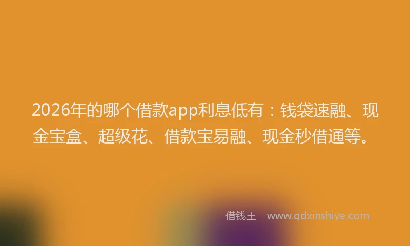 2026年的哪个借款app利息低有：钱袋速融、现金宝盒、超级花、借款宝易融、现金秒借通等。