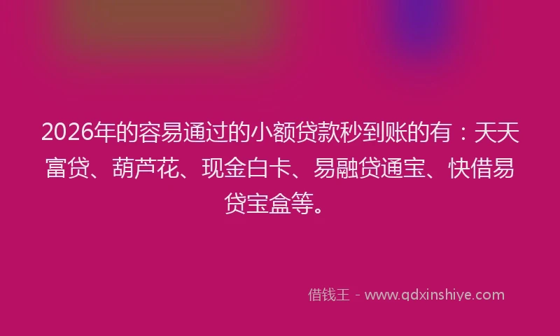 2026年的容易通过的小额贷款秒到账的有：天天富贷、葫芦花、现金白卡、易融贷通宝、快借易贷宝盒等。