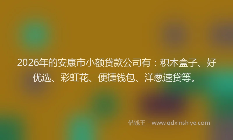 2026年的安康市小额贷款公司有：积木盒子、好优选、彩虹花、便捷钱包、洋葱速贷等。