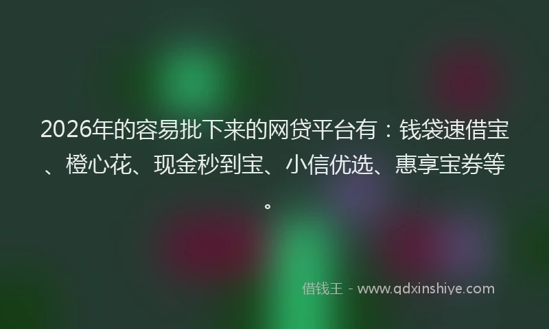 2026年的容易批下来的网贷平台有：钱袋速借宝、橙心花、现金秒到宝、小信优选、惠享宝券等。