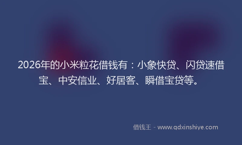 2026年的小米粒花借钱有：小象快贷、闪贷速借宝、中安信业、好居客、瞬借宝贷等。