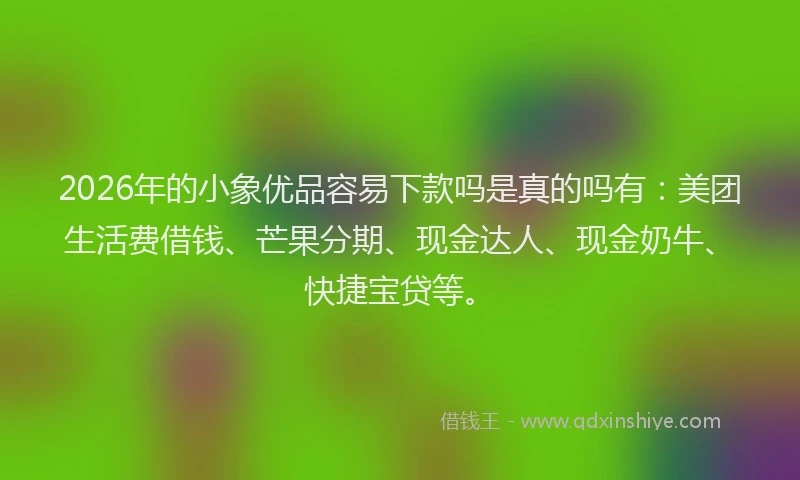 2026年的小象优品容易下款吗是真的吗有：美团生活费借钱、芒果分期、现金达人、现金奶牛、快捷宝贷等。