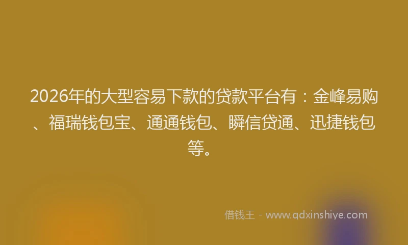 2026年的大型容易下款的贷款平台有：金峰易购、福瑞钱包宝、通通钱包、瞬信贷通、迅捷钱包等。