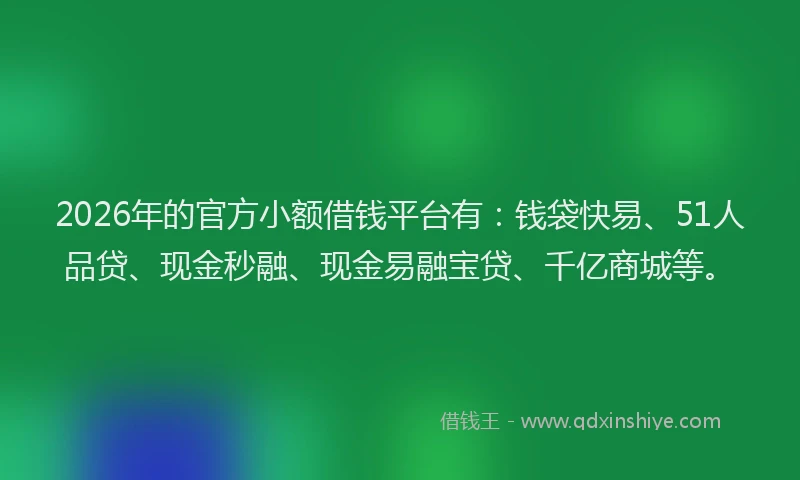 2026年的官方小额借钱平台有：钱袋快易、51人品贷、现金秒融、现金易融宝贷、千亿商城等。