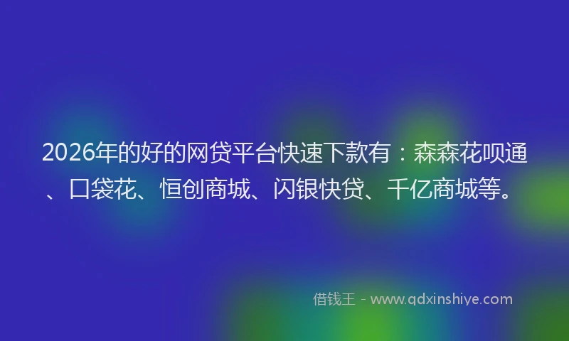 2026年的好的网贷平台快速下款有：森森花呗通、口袋花、恒创商城、闪银快贷、千亿商城等。