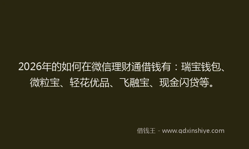2026年的如何在微信理财通借钱有：瑞宝钱包、微粒宝、轻花优品、飞融宝、现金闪贷等。