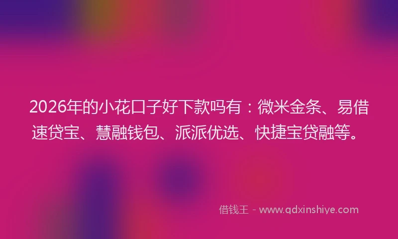 2026年的小花口子好下款吗有：微米金条、易借速贷宝、慧融钱包、派派优选、快捷宝贷融等。