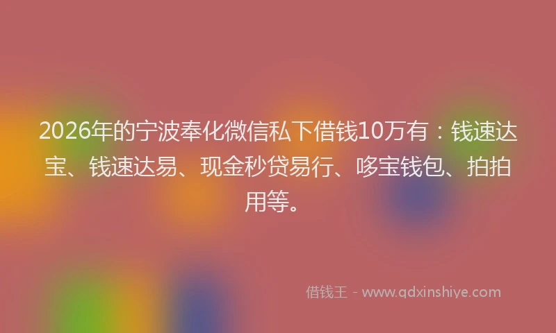 2026年的宁波奉化微信私下借钱10万有：钱速达宝、钱速达易、现金秒贷易行、哆宝钱包、拍拍用等。