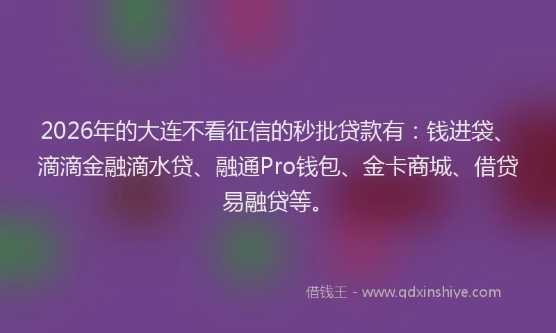 2026年的大连不看征信的秒批贷款有：钱进袋、滴滴金融滴水贷、融通Pro钱包、金卡商城、借贷易融贷等。