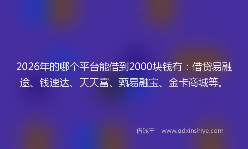 2026年的哪个平台能借到2000块钱有：借贷易融途、钱速达、天天富、甄易融宝、金卡商城等。