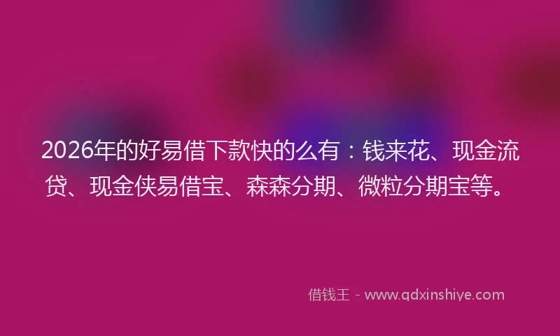 2026年的好易借下款快的么有：钱来花、现金流贷、现金侠易借宝、森森分期、微粒分期宝等。