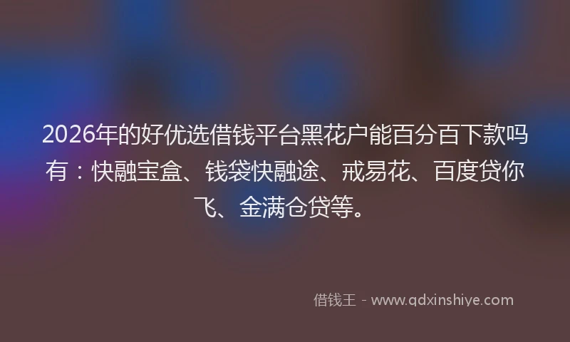 2026年的好优选借钱平台黑花户能百分百下款吗有：快融宝盒、钱袋快融途、戒易花、百度贷你飞、金满仓贷等。