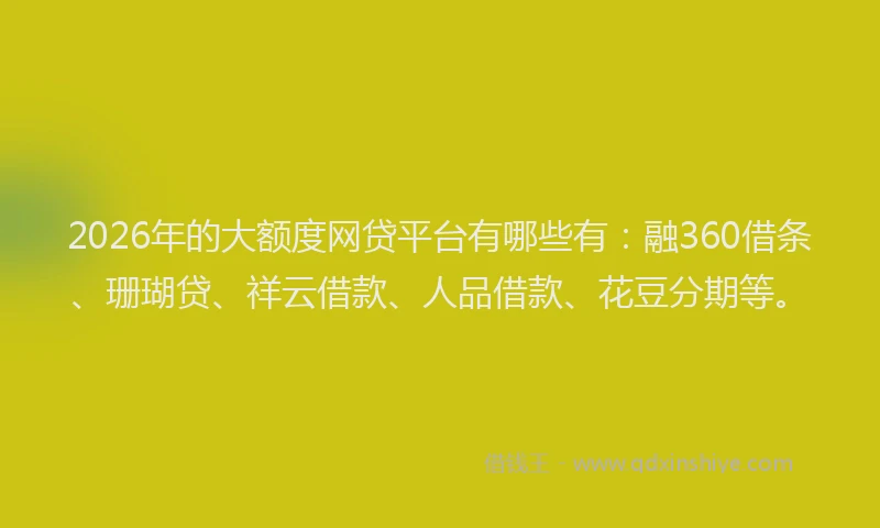 2026年的大额度网贷平台有哪些有：融360借条、珊瑚贷、祥云借款、人品借款、花豆分期等。