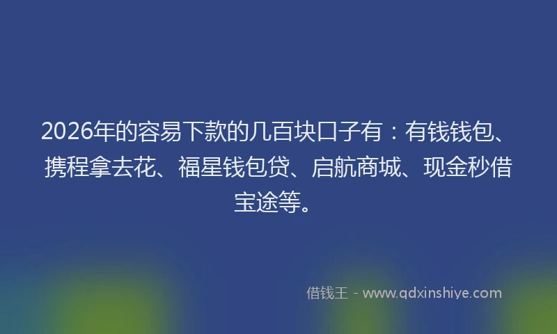2026年的容易下款的几百块口子有：有钱钱包、携程拿去花、福星钱包贷、启航商城、现金秒借宝途等。
