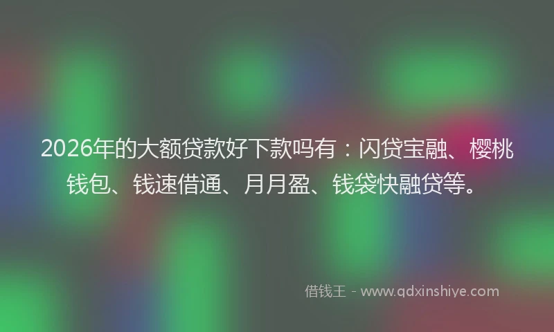 2026年的大额贷款好下款吗有：闪贷宝融、樱桃钱包、钱速借通、月月盈、钱袋快融贷等。