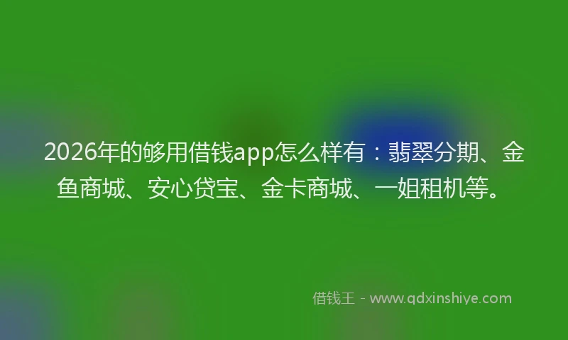 2026年的够用借钱app怎么样有：翡翠分期、金鱼商城、安心贷宝、金卡商城、一姐租机等。